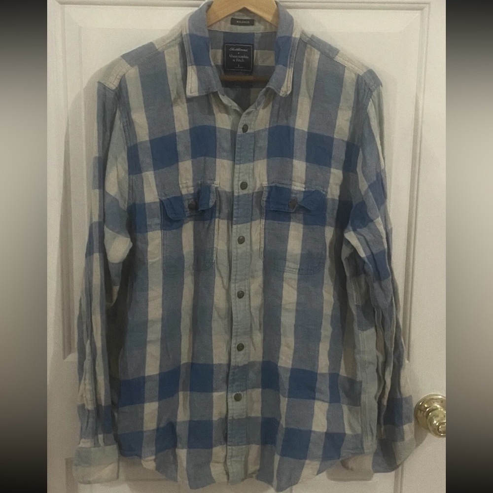 Abercrombie & Fitch Men’s Large Relaxed Fit Linen Blend Long Sleeve Button Down - Picture 1 of 7